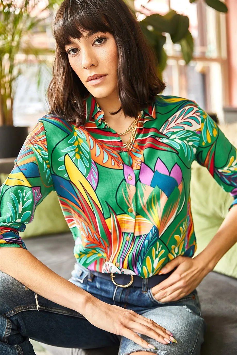 Green Floral Button Down Blouse