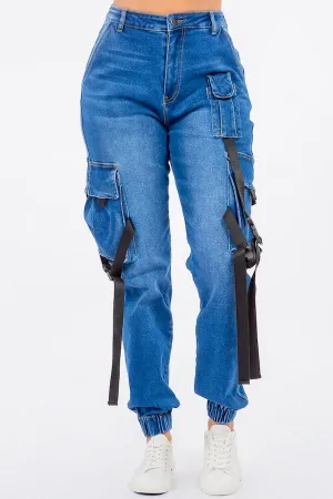 High Waist Cargo Style Denim Joggers