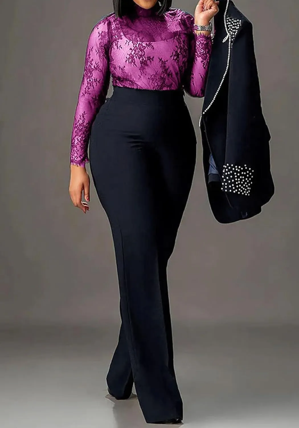 HuiSiFang Women 2 Piece Blazer Sets Elegant Pearl Dressy Pant Suits Business Casual Blazer Outfits Work Office