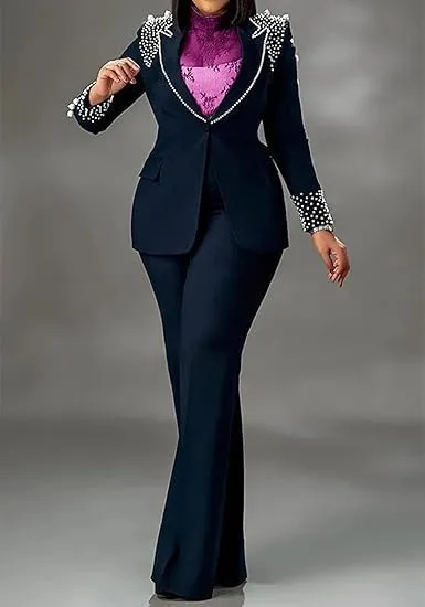 HuiSiFang Women 2 Piece Blazer Sets Elegant Pearl Dressy Pant Suits Business Casual Blazer Outfits Work Office