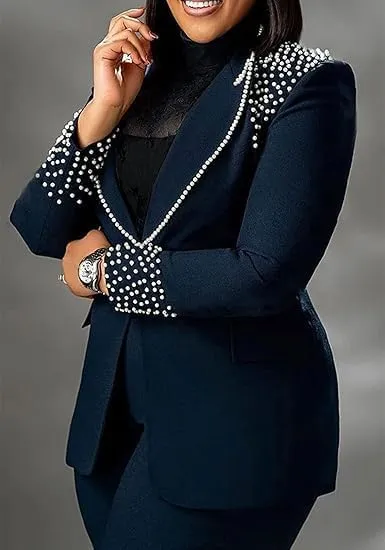 HuiSiFang Women 2 Piece Blazer Sets Elegant Pearl Dressy Pant Suits Business Casual Blazer Outfits Work Office