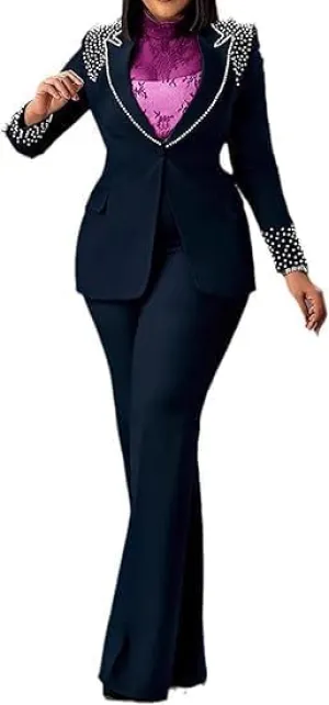 HuiSiFang Women 2 Piece Blazer Sets Elegant Pearl Dressy Pant Suits Business Casual Blazer Outfits Work Office