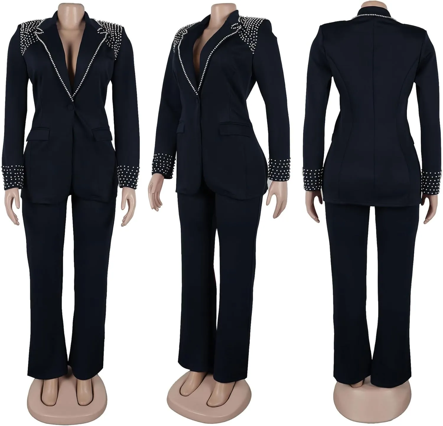 HuiSiFang Women 2 Piece Blazer Sets Elegant Pearl Dressy Pant Suits Business Casual Blazer Outfits Work Office