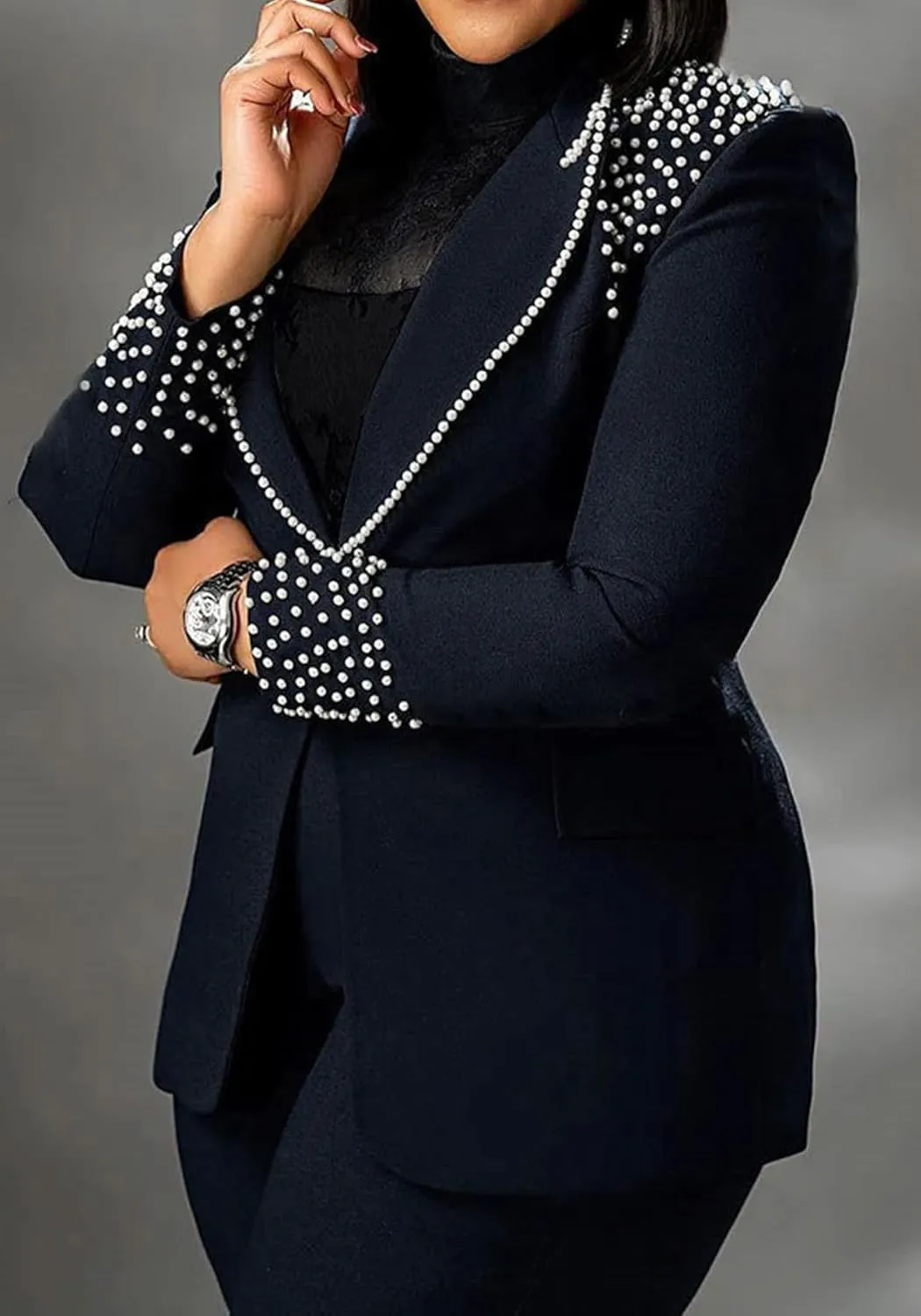 HuiSiFang Women 2 Piece Blazer Sets Elegant Pearl Dressy Pant Suits Business Casual Blazer Outfits Work Office