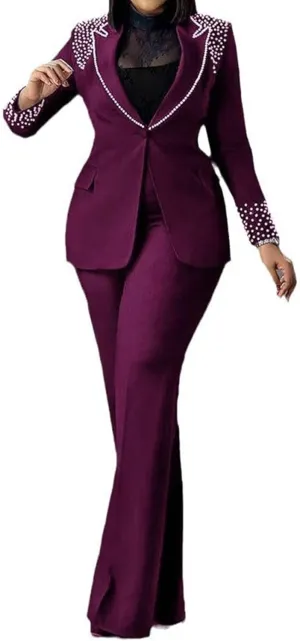 HuiSiFang Women 2 Piece Blazer Sets Elegant Pearl Dressy Pant Suits Business Casual Blazer Outfits Work Office