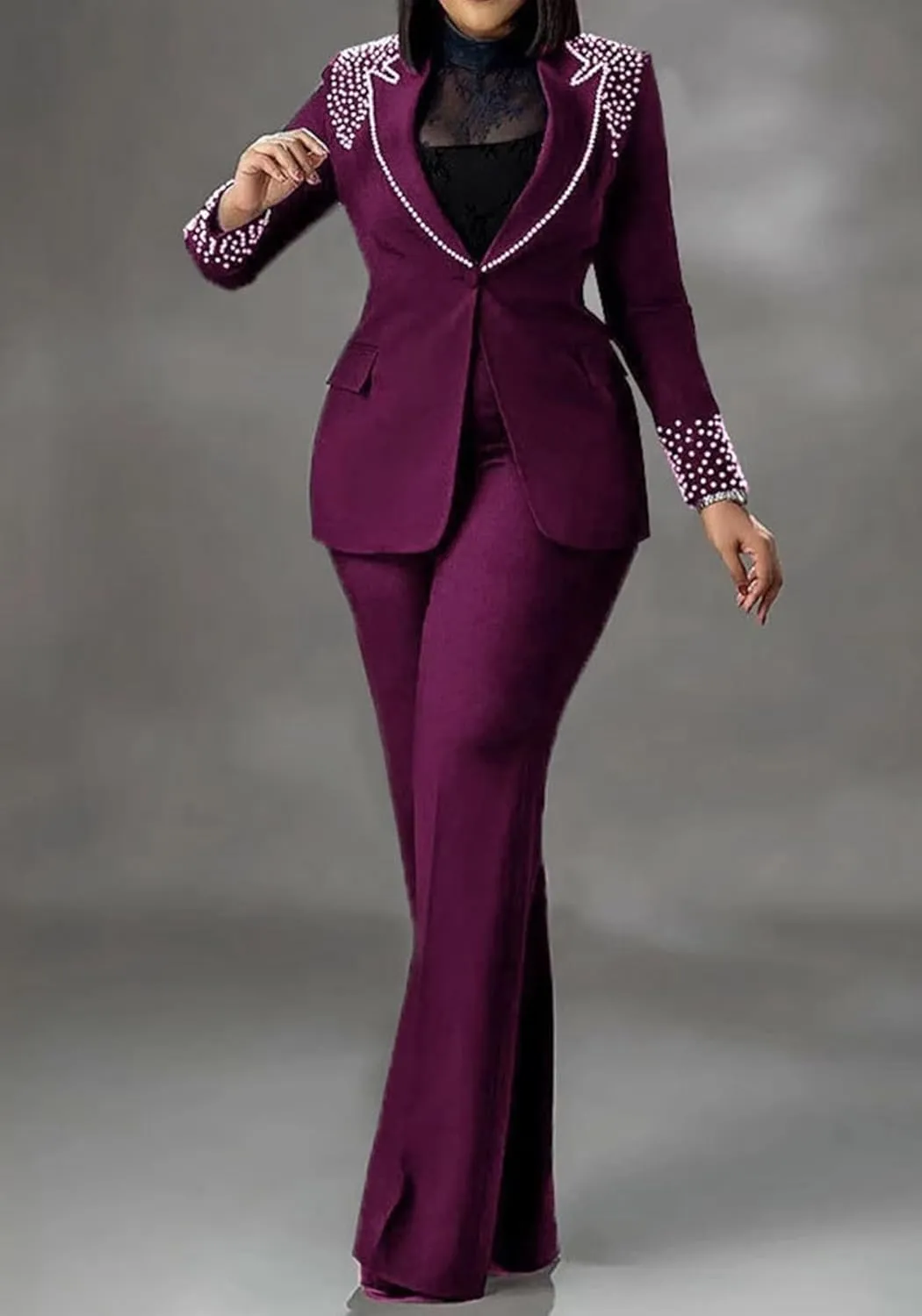 HuiSiFang Women 2 Piece Blazer Sets Elegant Pearl Dressy Pant Suits Business Casual Blazer Outfits Work Office