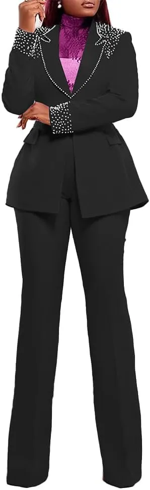 HuiSiFang Women 2 Piece Blazer Sets Elegant Pearl Dressy Pant Suits Business Casual Blazer Outfits Work Office