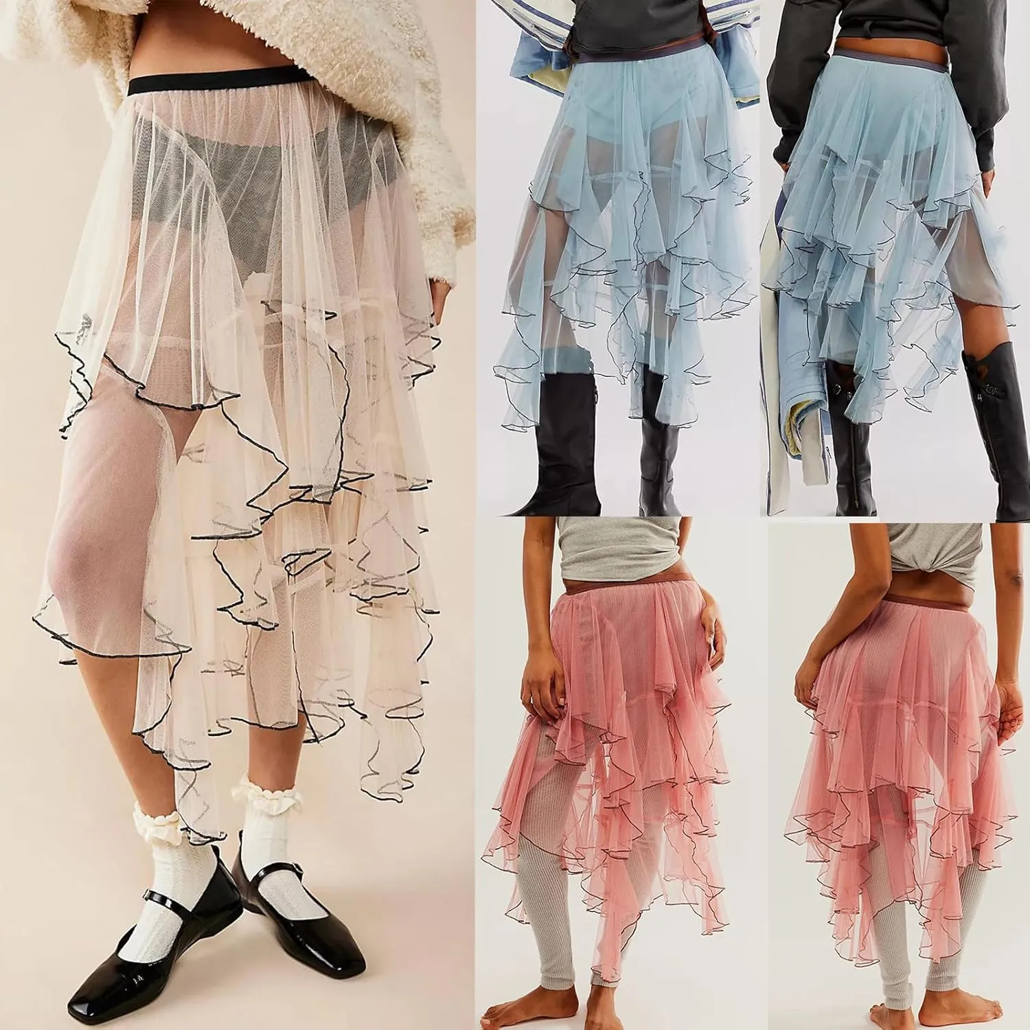 ICNGLKSND Women Mesh Tulle Long Skirt A Line Midi Slip Skirt Asymmetrical Layered Hem Sheer Beach Cover Up Skirt