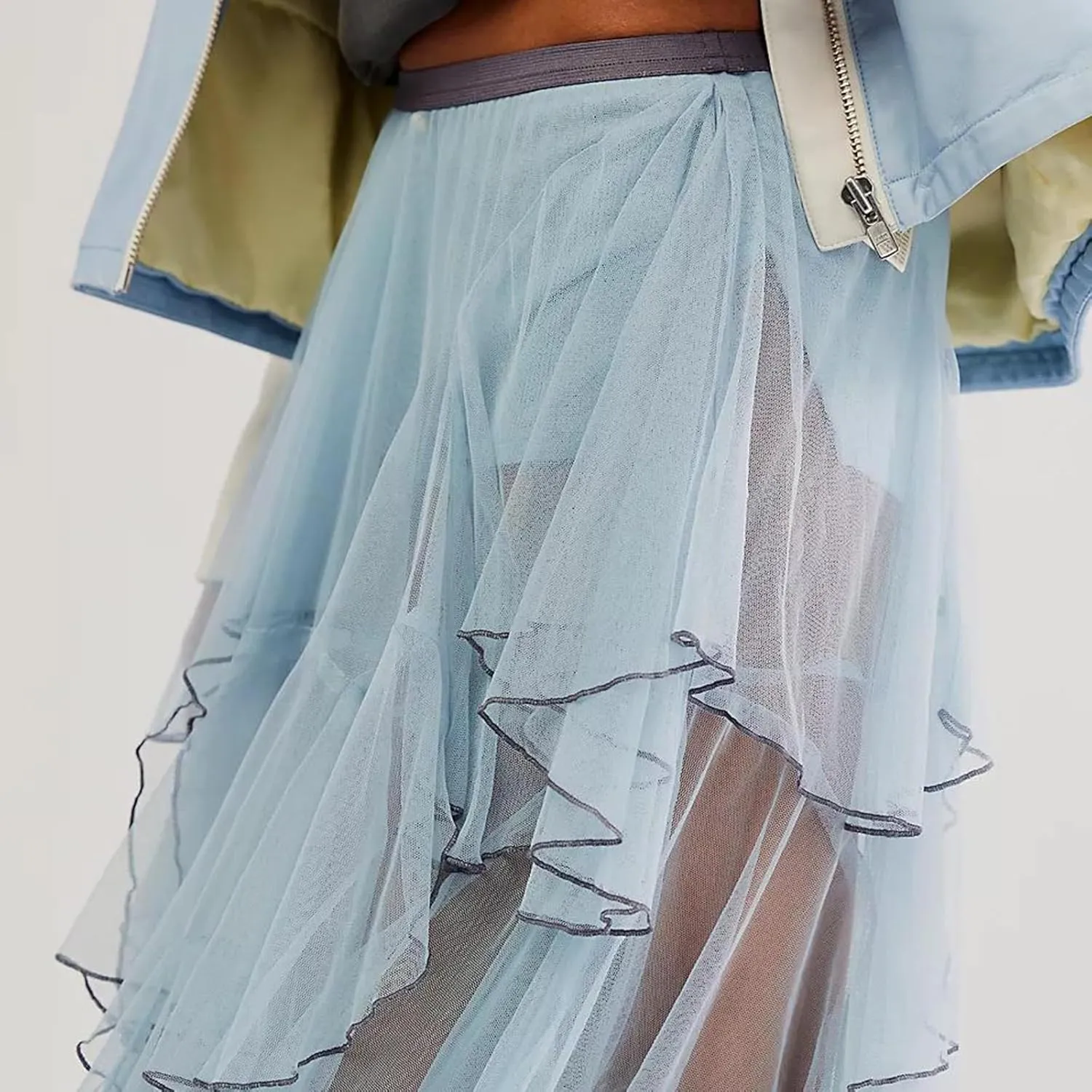 ICNGLKSND Women Mesh Tulle Long Skirt A Line Midi Slip Skirt Asymmetrical Layered Hem Sheer Beach Cover Up Skirt