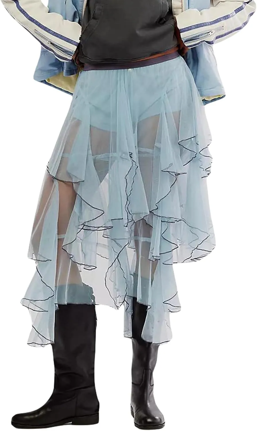 ICNGLKSND Women Mesh Tulle Long Skirt A Line Midi Slip Skirt Asymmetrical Layered Hem Sheer Beach Cover Up Skirt