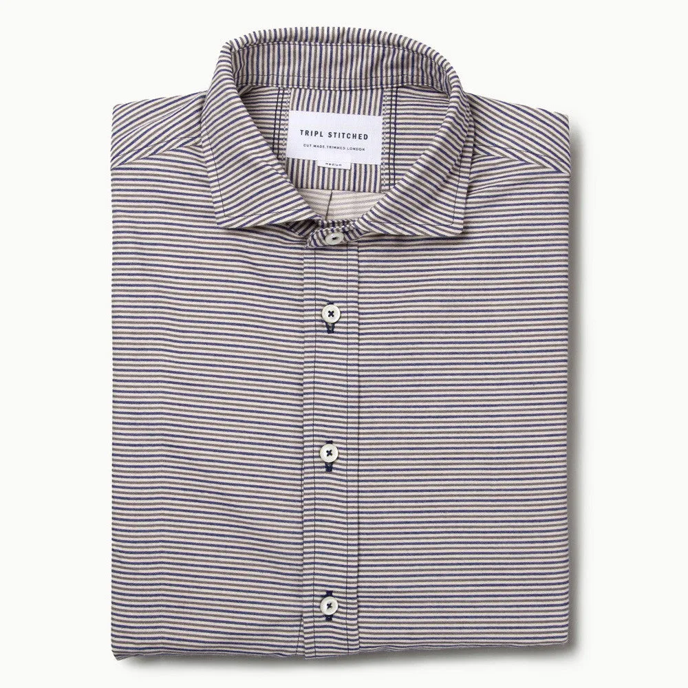 Italian Flannel Spread Collar - White Grey Stripe