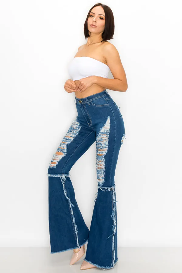 JAZZ-038 BELL BOTTOM FLARE LEG RIPPED DISTRESSED & DESTROYED JEANS