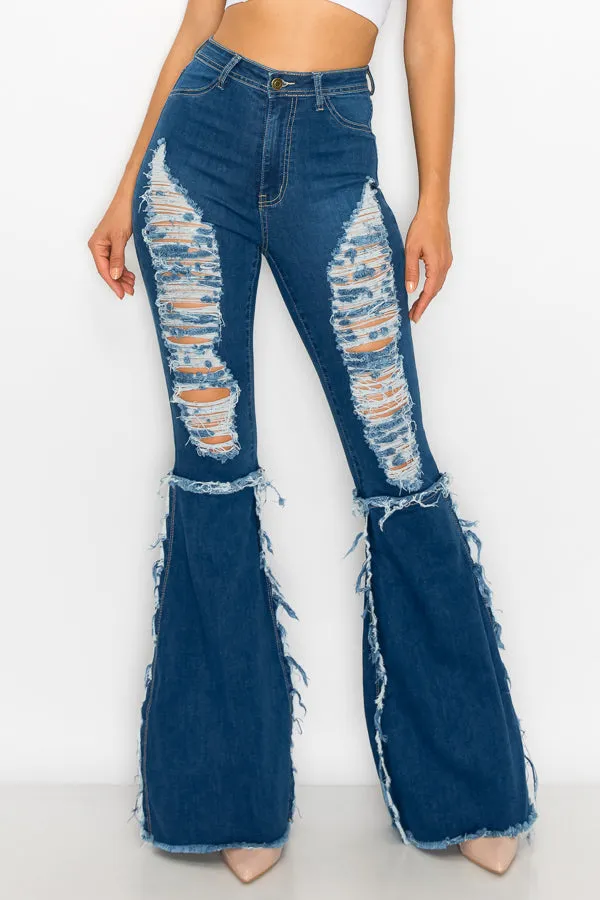JAZZ-038 BELL BOTTOM FLARE LEG RIPPED DISTRESSED & DESTROYED JEANS