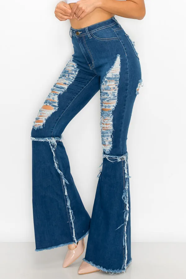 JAZZ-038 BELL BOTTOM FLARE LEG RIPPED DISTRESSED & DESTROYED JEANS