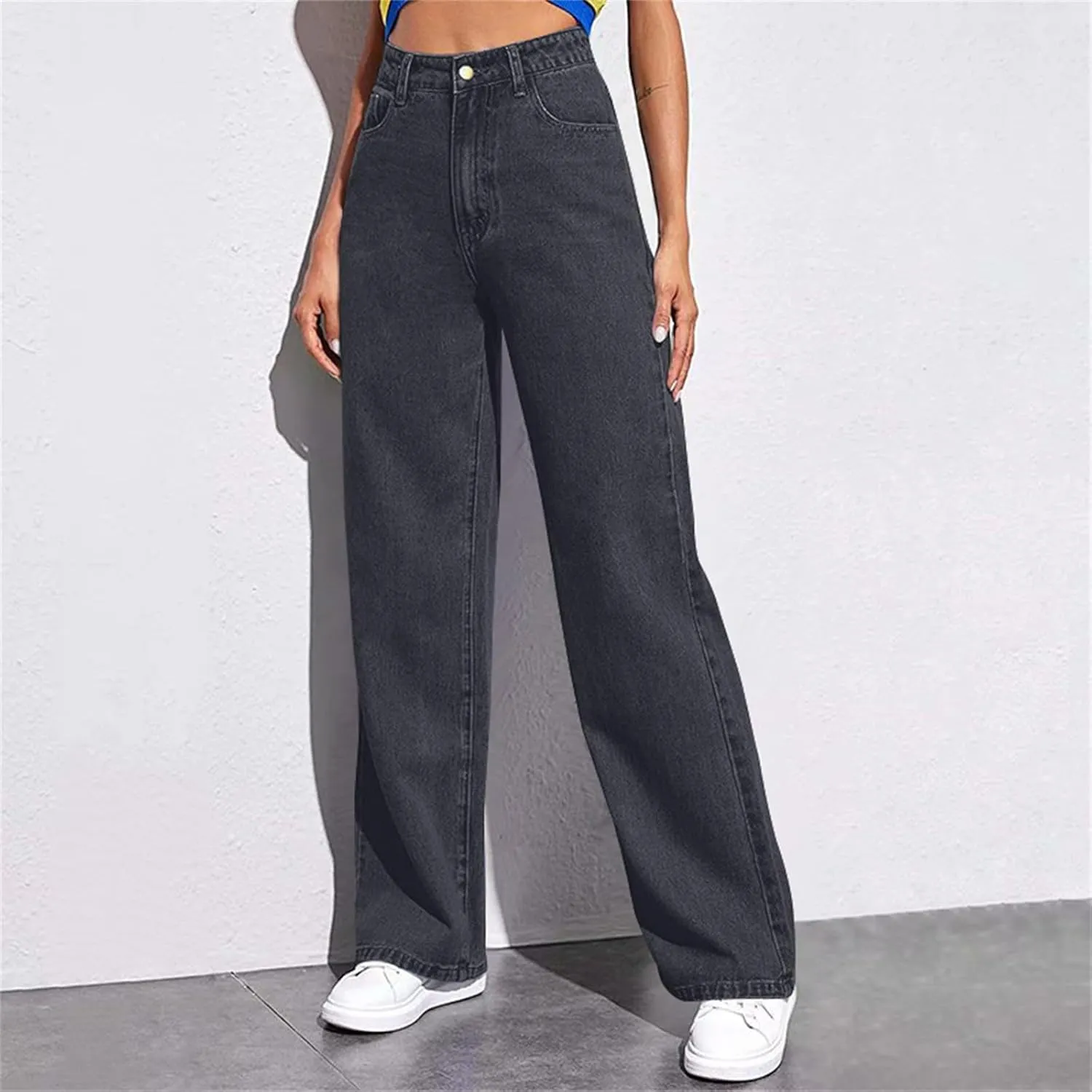 Jeans for Women Trendy Plus Size Casual High Waisted Lounge Baggy Wide Leg Denim Pants with Pockets