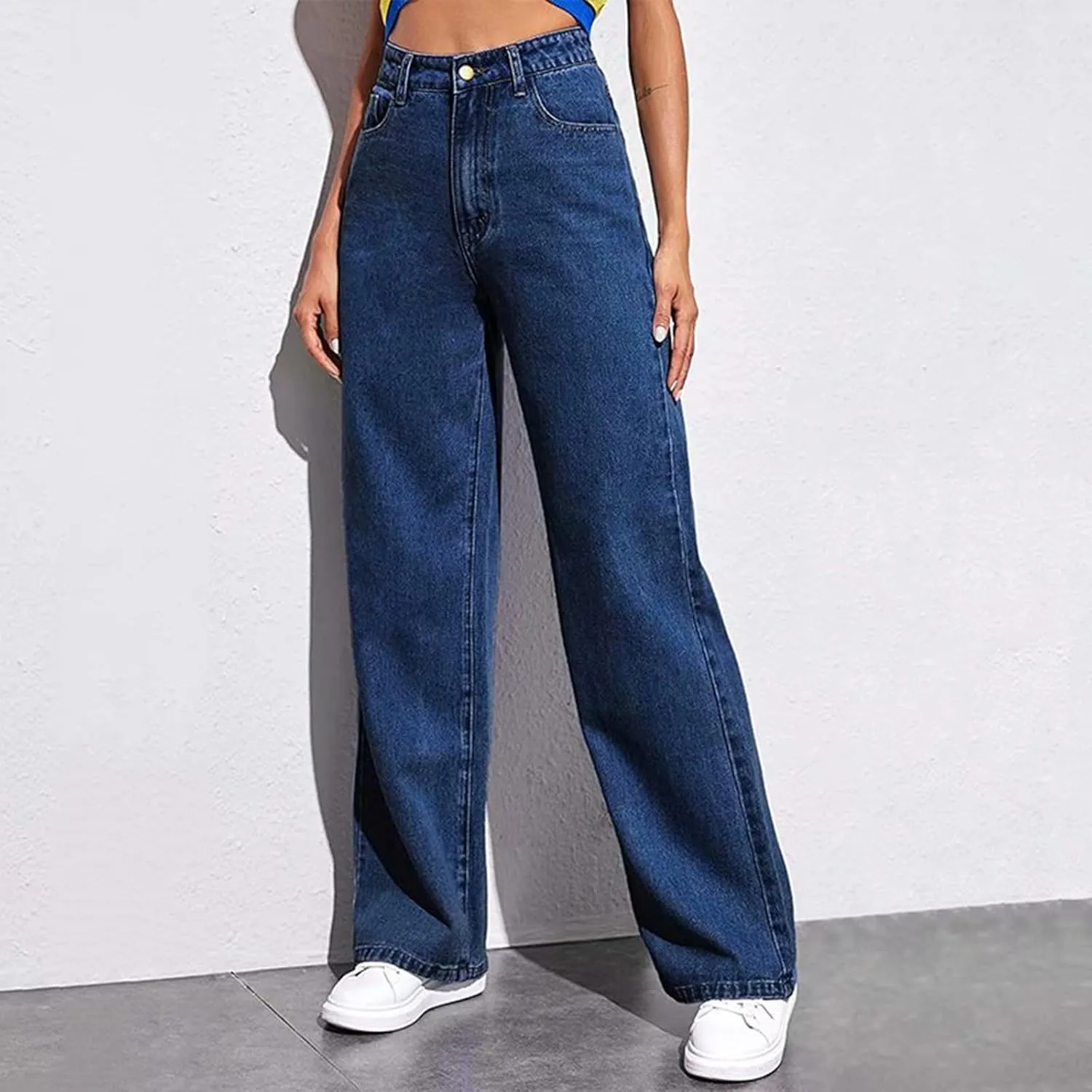 Jeans for Women Trendy Plus Size Casual High Waisted Lounge Baggy Wide Leg Denim Pants with Pockets