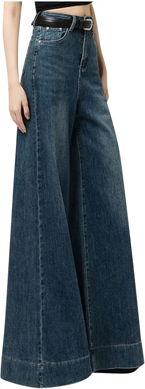 Jeans for Women Trendy Y2k Flared Denim Pants High Waisted Baggy Skirt Pants Lounge Wide Leg Trousers with Pockets
