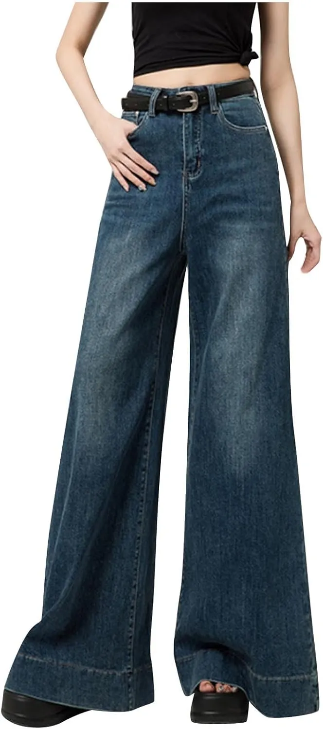 Jeans for Women Trendy Y2k Flared Denim Pants High Waisted Baggy Skirt Pants Lounge Wide Leg Trousers with Pockets