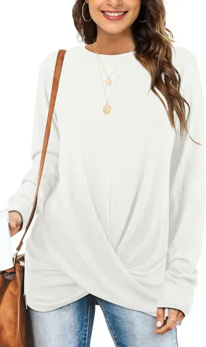 Jescakoo Tunic Tops For Leggings For Women Twist Front Long Sleeve Crew Neck Shirts