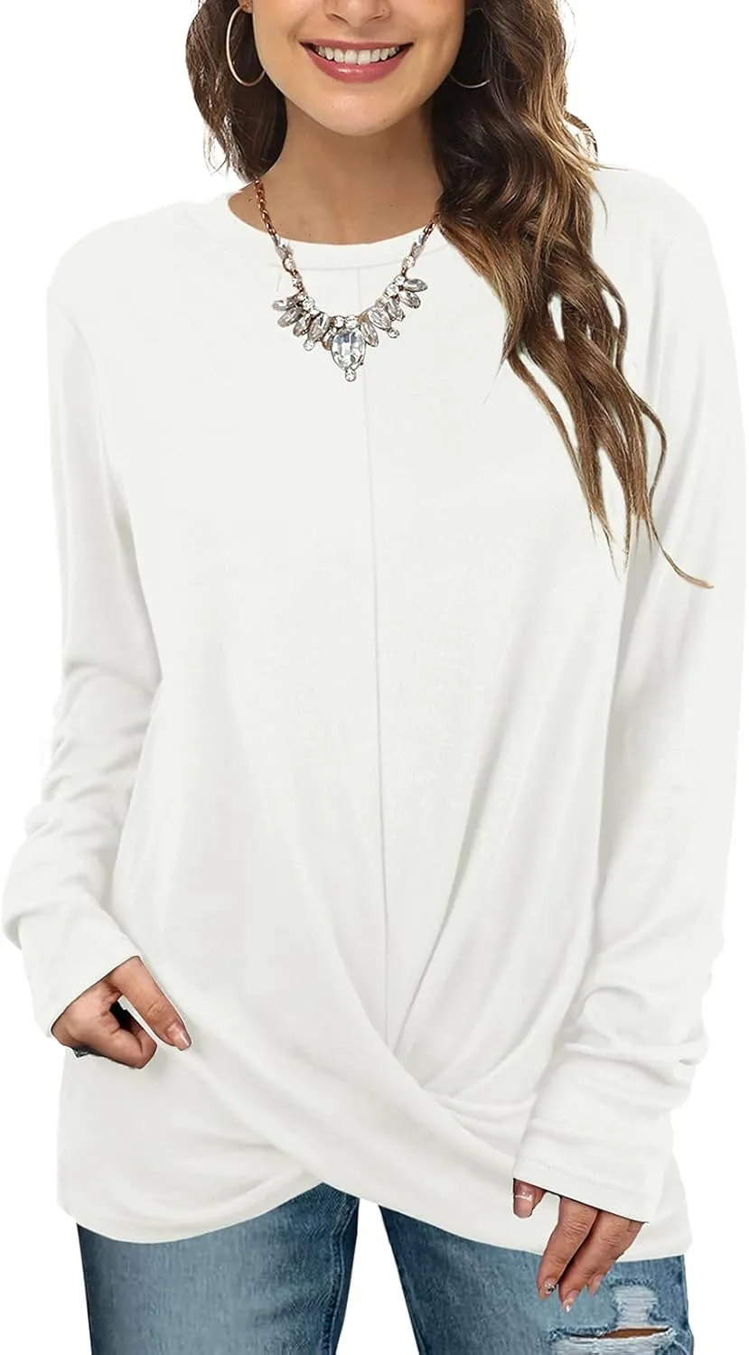 Jescakoo Tunic Tops For Leggings For Women Twist Front Long Sleeve Crew Neck Shirts
