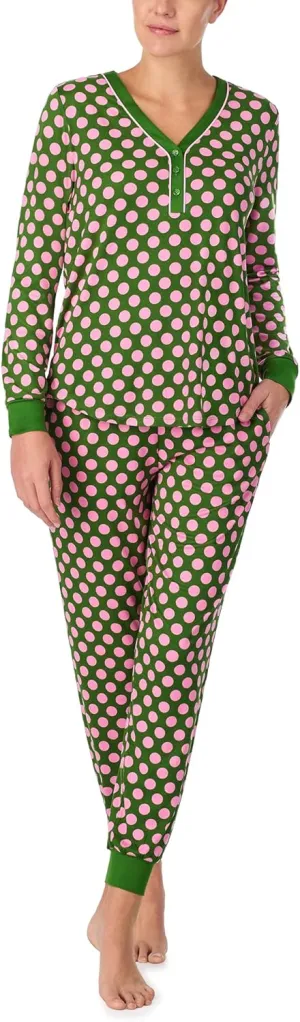 kate spade new york Women's 2-Piece Long Sleeve Henley Top & Jogger Pant Pajama Set, Brushed Cozy Soft Jersey, Ribbed Cuffs