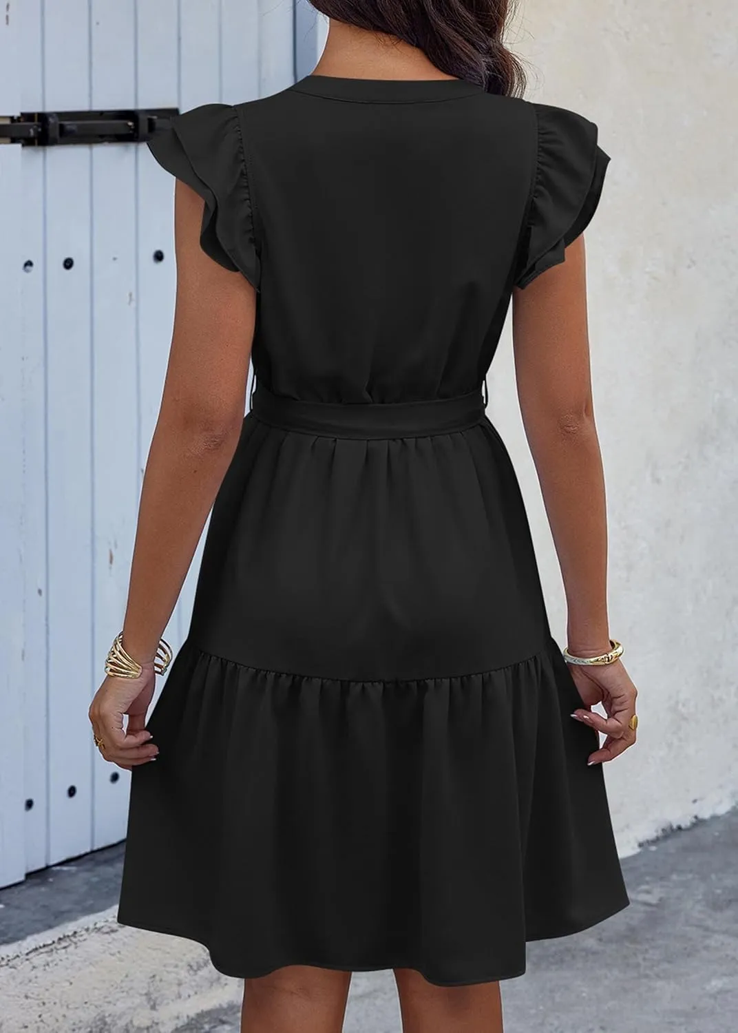 KIRUNDO Women Flutter Sleeve Summer Dress 2025 Spring V Neck Ruffle Flowy Tiered Knee Length Belted Beach Vacation Sundress