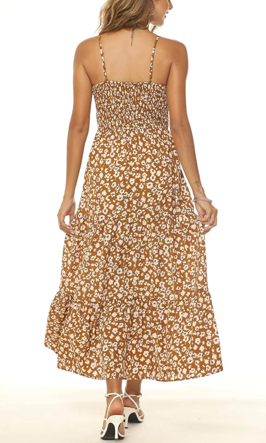 Lamilus Sundresses for Women Summer Casual Floral Dresses Sleeveless Spaghetti Strap Smocked Tiered Beach Party Maxi Dress