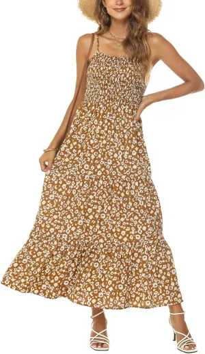 Lamilus Sundresses for Women Summer Casual Floral Dresses Sleeveless Spaghetti Strap Smocked Tiered Beach Party Maxi Dress