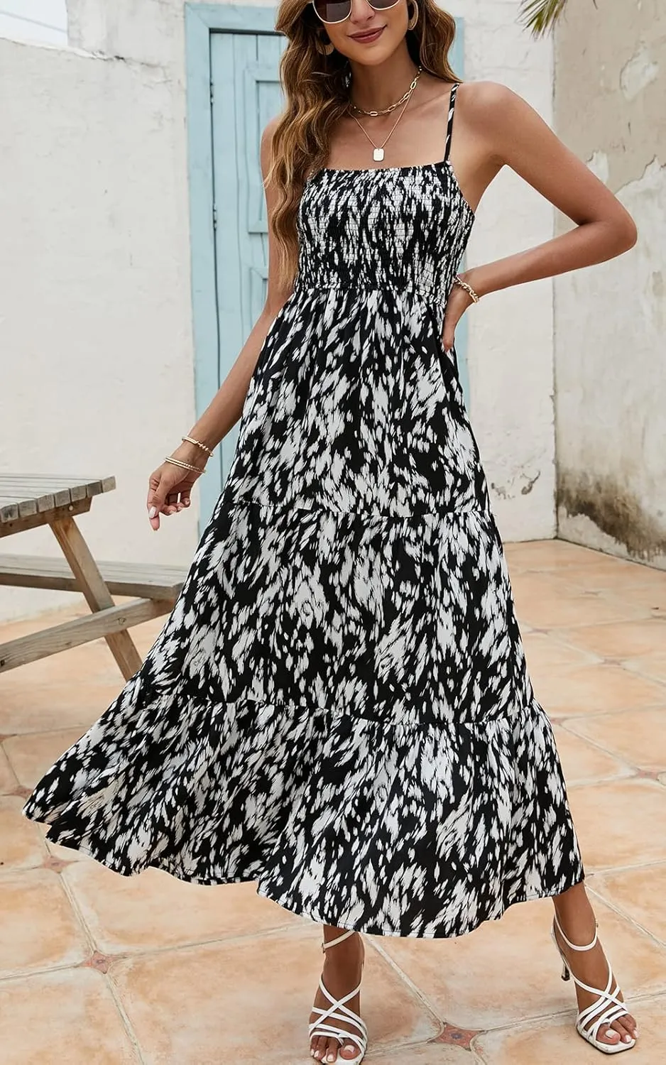 Lamilus Sundresses for Women Summer Casual Floral Dresses Sleeveless Spaghetti Strap Smocked Tiered Beach Party Maxi Dress