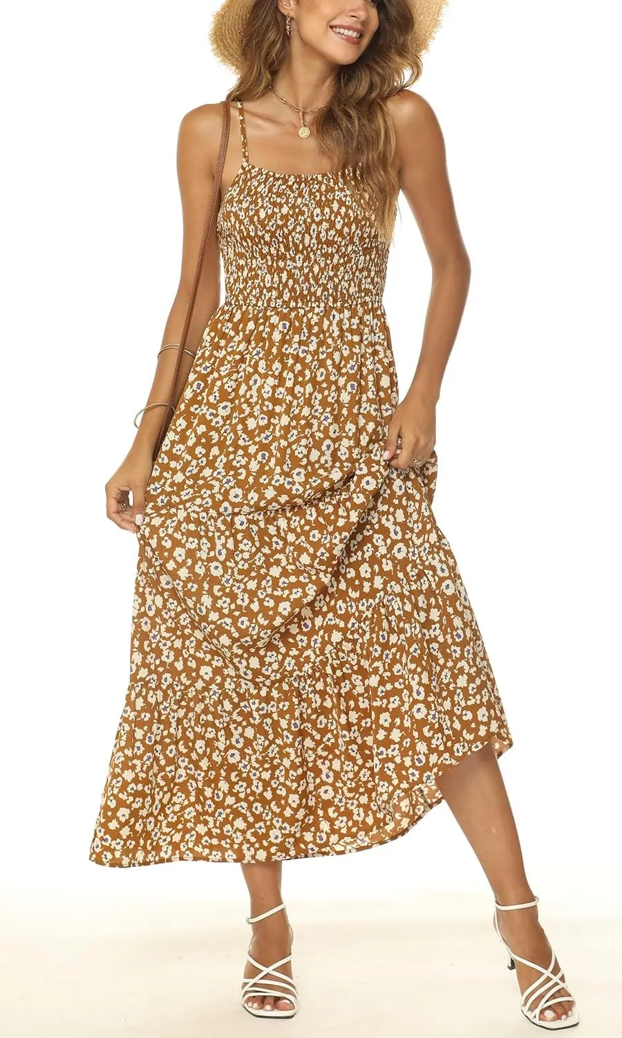 Lamilus Sundresses for Women Summer Casual Floral Dresses Sleeveless Spaghetti Strap Smocked Tiered Beach Party Maxi Dress