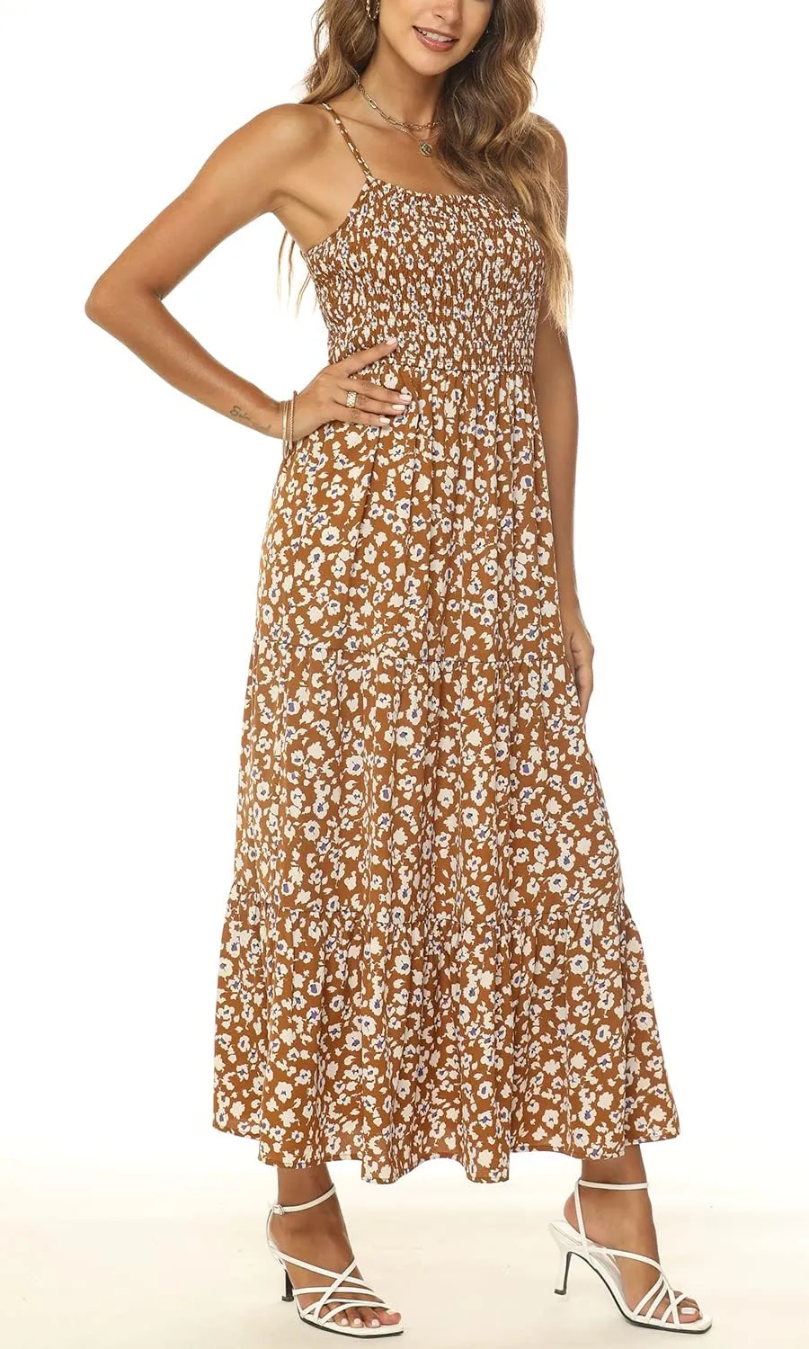 Lamilus Sundresses for Women Summer Casual Floral Dresses Sleeveless Spaghetti Strap Smocked Tiered Beach Party Maxi Dress