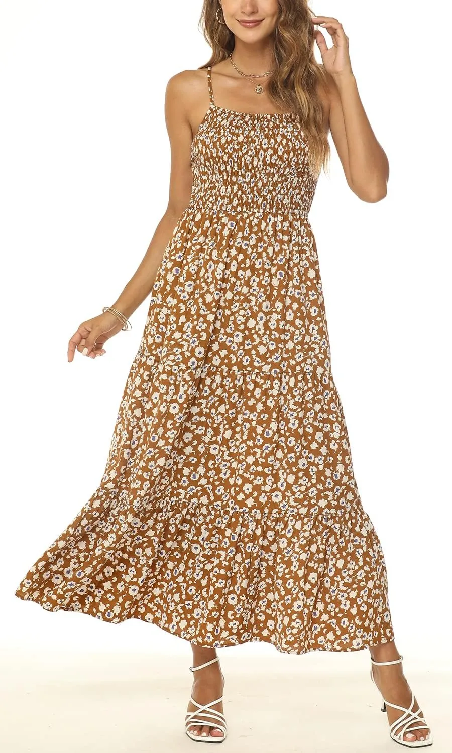 Lamilus Sundresses for Women Summer Casual Floral Dresses Sleeveless Spaghetti Strap Smocked Tiered Beach Party Maxi Dress