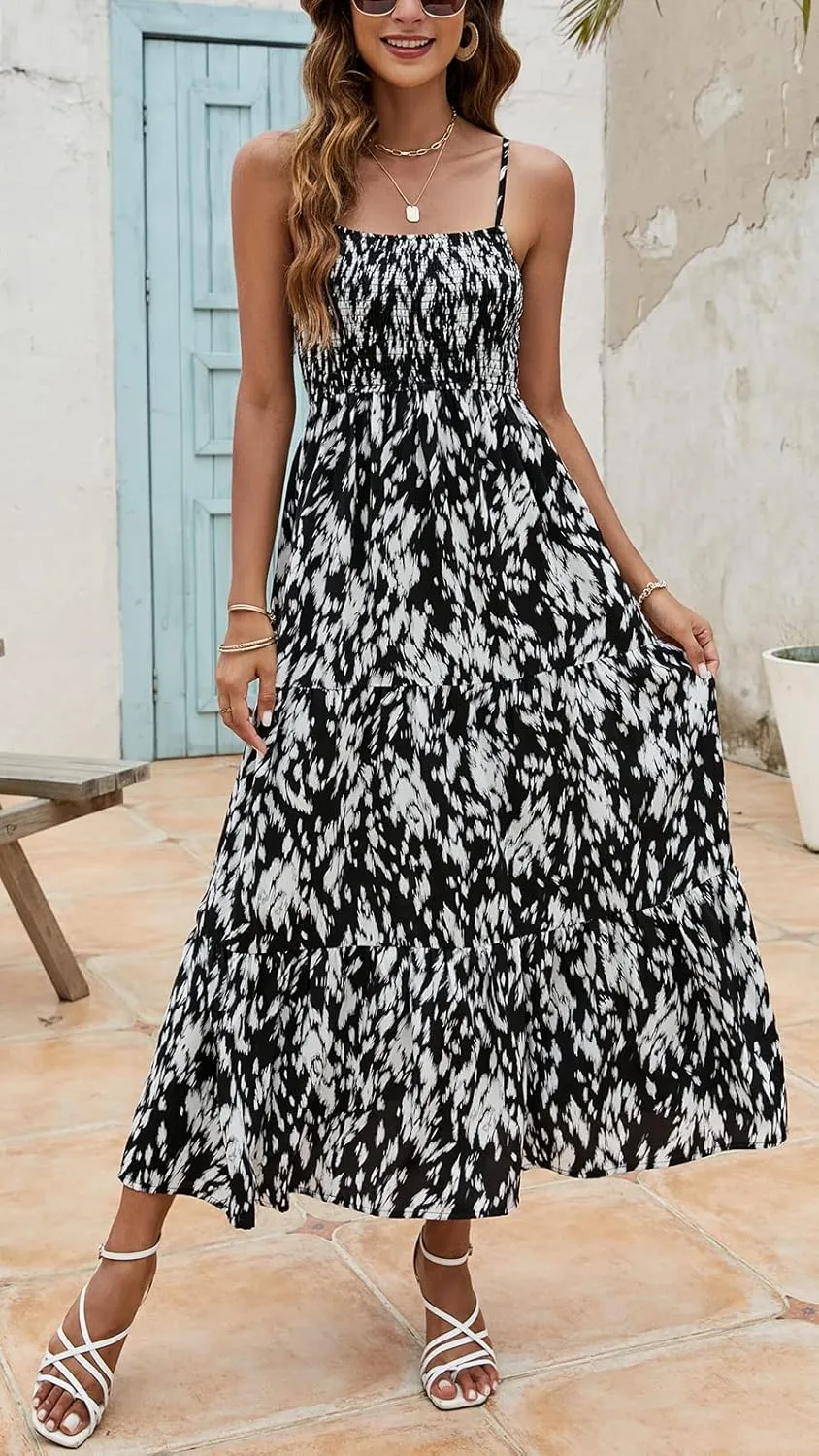 Lamilus Sundresses for Women Summer Casual Floral Dresses Sleeveless Spaghetti Strap Smocked Tiered Beach Party Maxi Dress