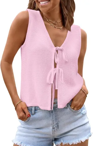 LILLUSORY Womens Crochet Tops Summer Vacation Outfits Beach Fashion 2025 Cute Casual Clothes Spring Tie Front Sweater Vest