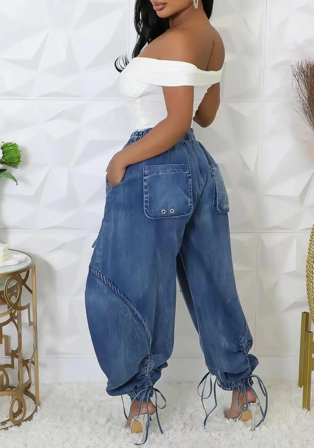LKOUS Women's Fall Baggy Cargo Jeans,Wide Leg Drawstring Loose Harem Denim Pants with Pockets
