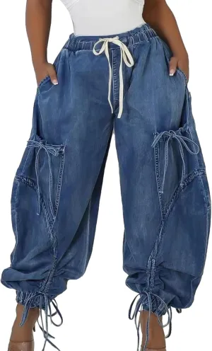 LKOUS Women's Fall Baggy Cargo Jeans,Wide Leg Drawstring Loose Harem Denim Pants with Pockets