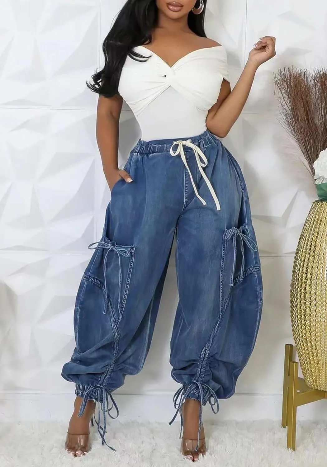 LKOUS Women's Fall Baggy Cargo Jeans,Wide Leg Drawstring Loose Harem Denim Pants with Pockets