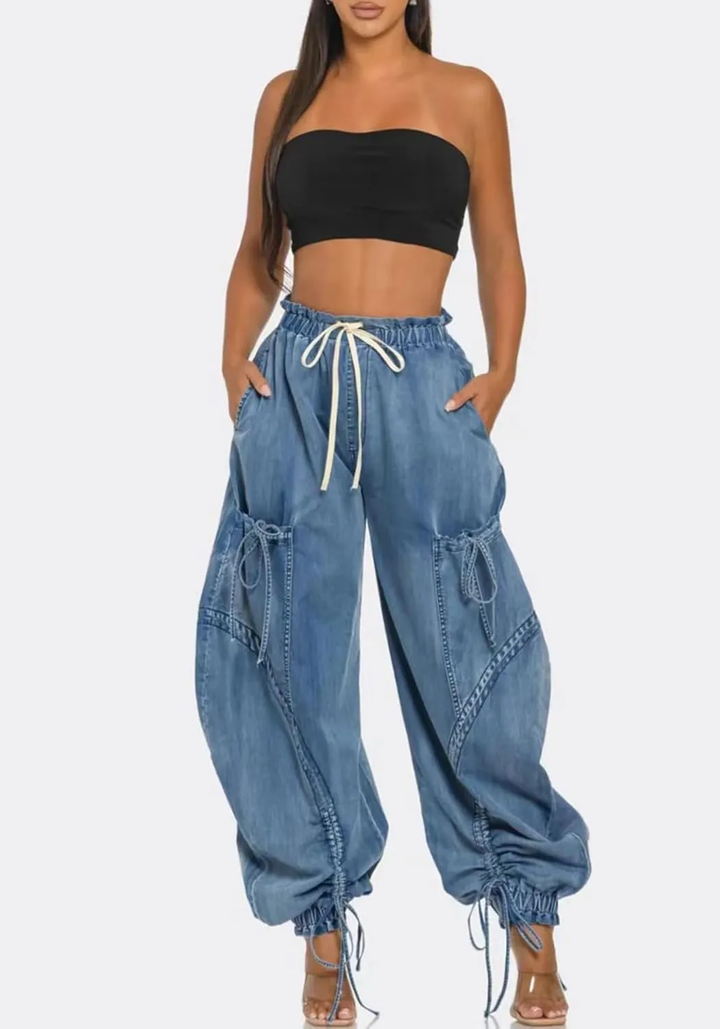 LKOUS Women's Fall Baggy Cargo Jeans,Wide Leg Drawstring Loose Harem Denim Pants with Pockets