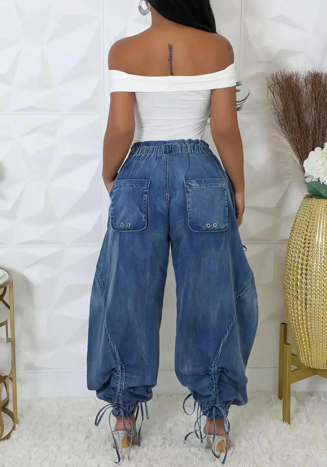 LKOUS Women's Fall Baggy Cargo Jeans,Wide Leg Drawstring Loose Harem Denim Pants with Pockets