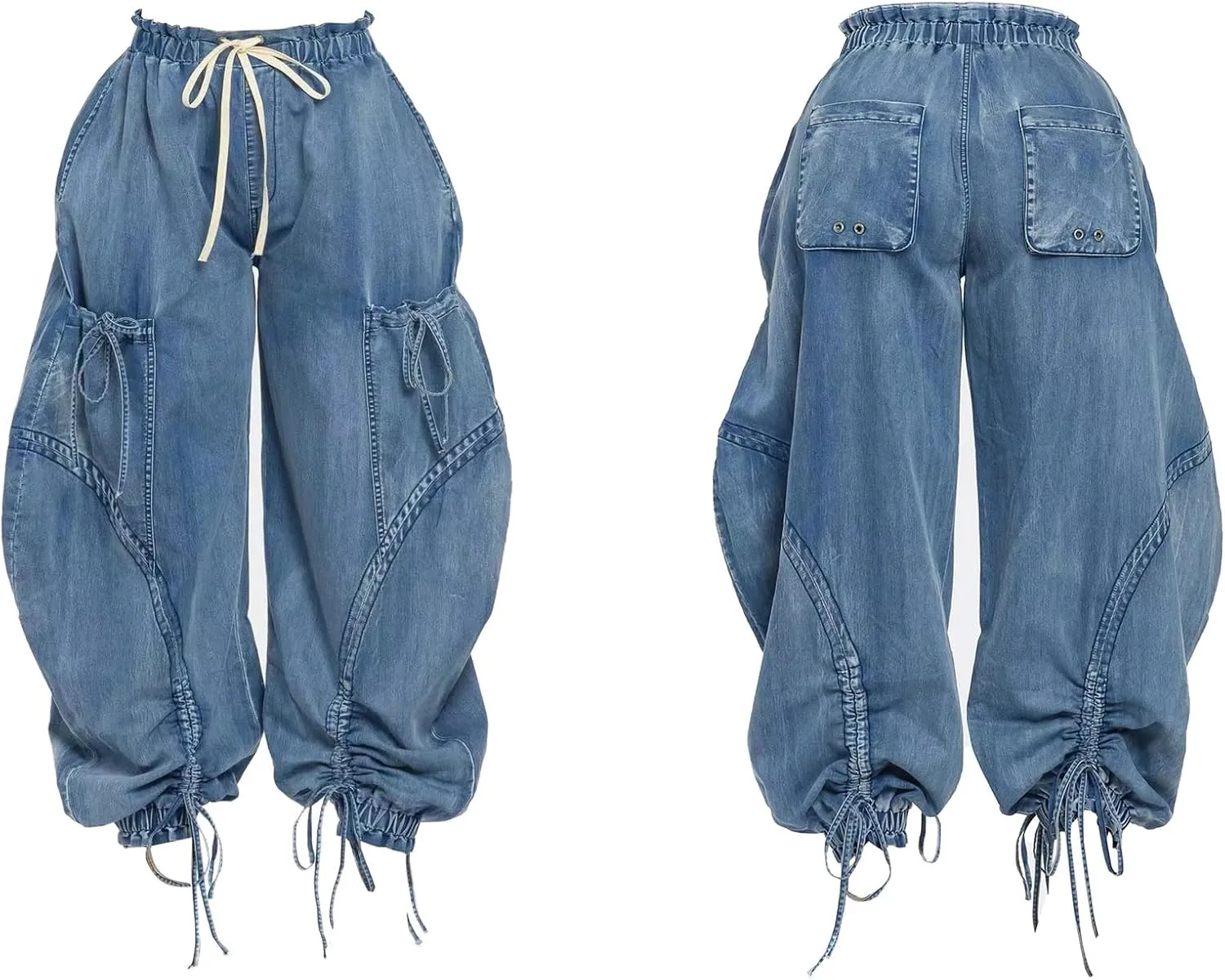 LKOUS Women's Fall Baggy Cargo Jeans,Wide Leg Drawstring Loose Harem Denim Pants with Pockets