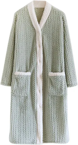 Lmdudan Women's Flannel Nightgown Button V Neck Robes Fuzzy Fleece Warm Winter Loungewear Soft Plush Bathrobe with Pockets