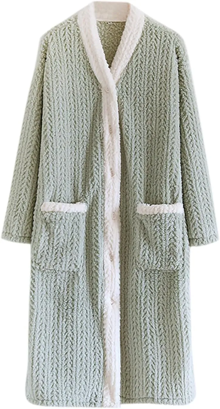 Lmdudan Women's Flannel Nightgown Button V Neck Robes Fuzzy Fleece Warm Winter Loungewear Soft Plush Bathrobe with Pockets