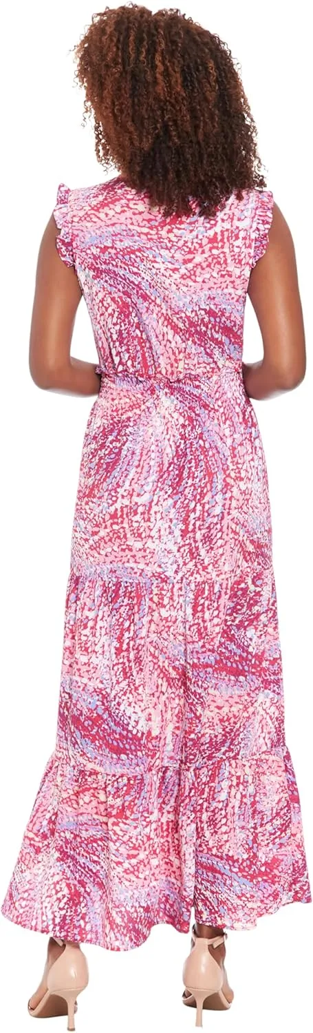 London Times Women's Smocked Waist Boho Flattering Ruffle Maxi