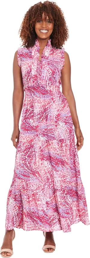 London Times Women's Smocked Waist Boho Flattering Ruffle Maxi