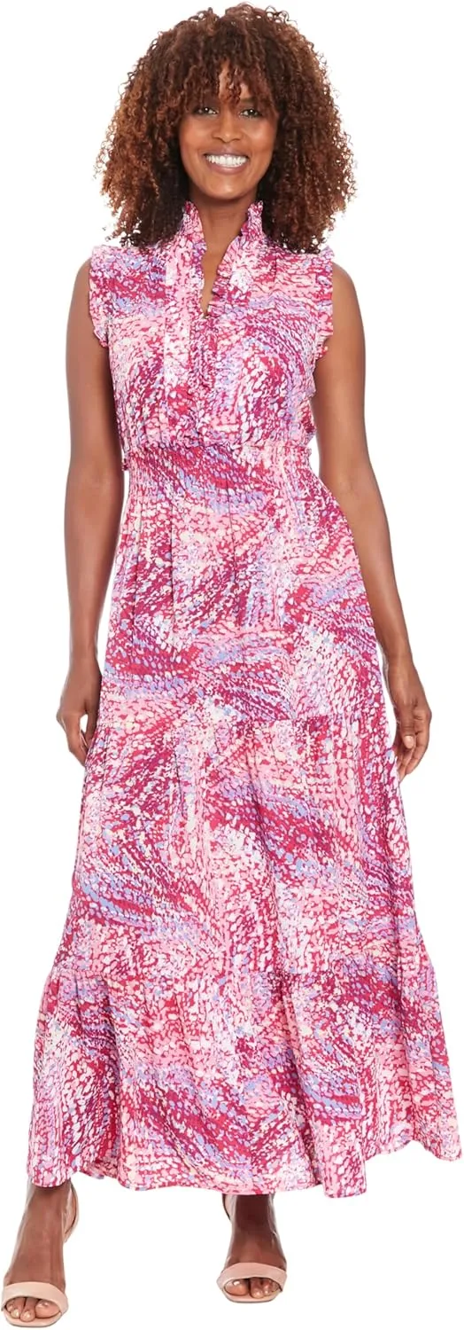 London Times Women's Smocked Waist Boho Flattering Ruffle Maxi