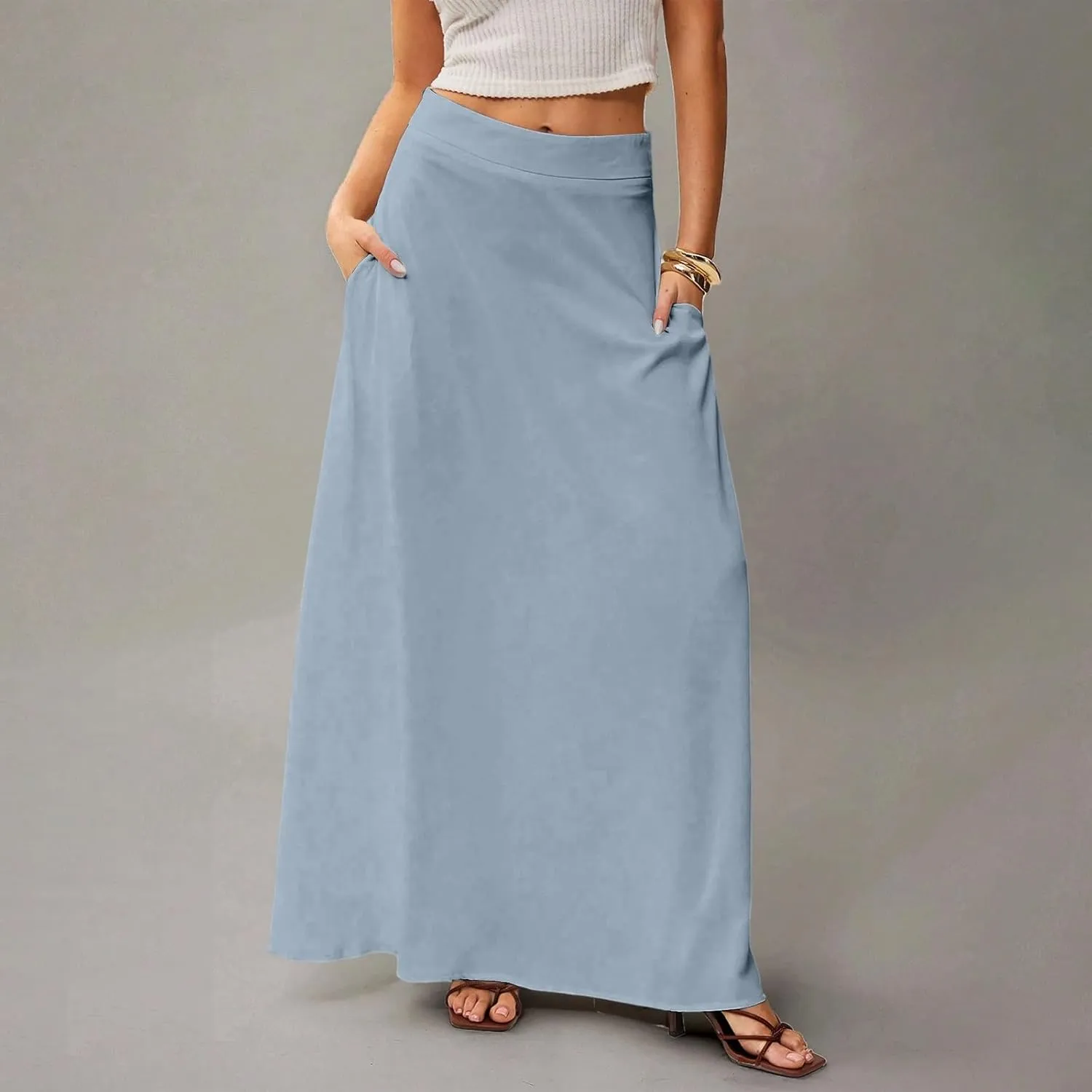 Long Skirts for Women 2025 Summer Vacation High Waisted A Line Skirt Elegant Work Office Flowy Maxi Skirt with Pockets