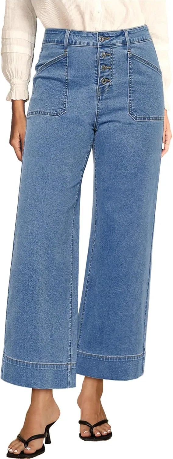 luvamia Wide Leg Jeans for Women Cropped High Waisted Trendy Button Fly Patch Pocket Stretchy Denim Pants Trousers Jeans