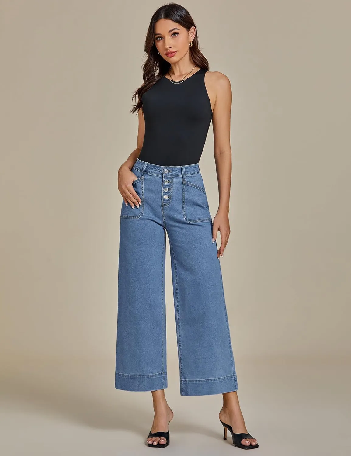 luvamia Wide Leg Jeans for Women Cropped High Waisted Trendy Button Fly Patch Pocket Stretchy Denim Pants Trousers Jeans