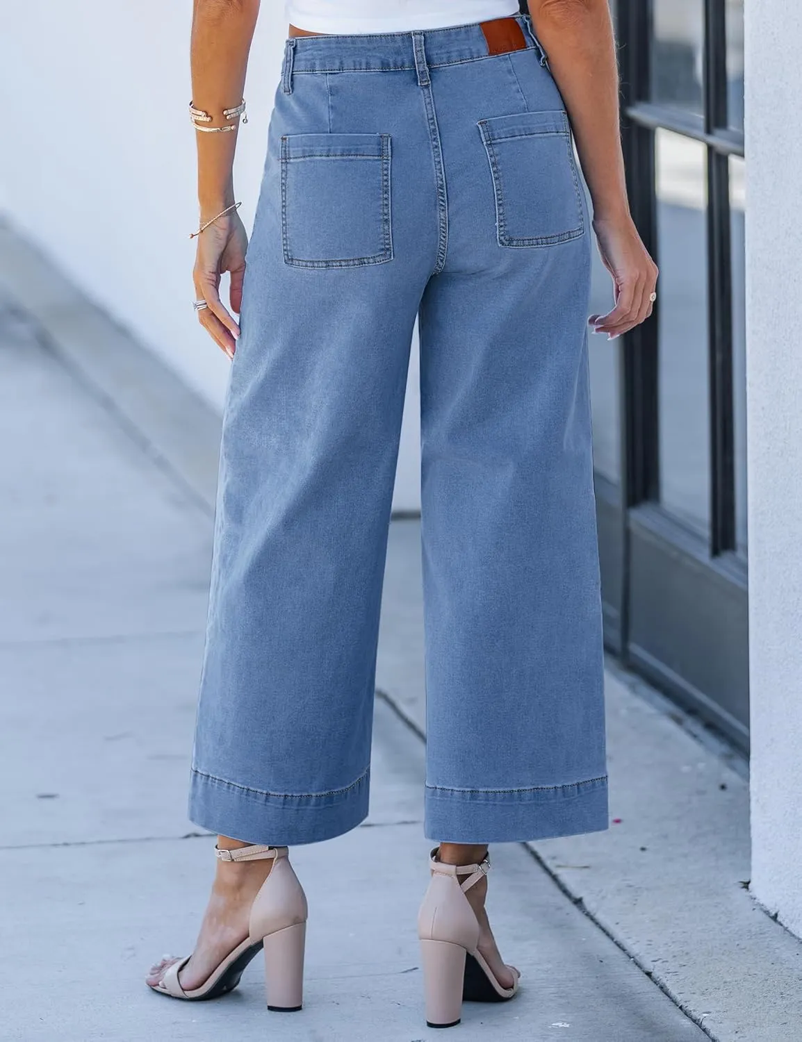 luvamia Wide Leg Jeans for Women Cropped High Waisted Trendy Button Fly Patch Pocket Stretchy Denim Pants Trousers Jeans