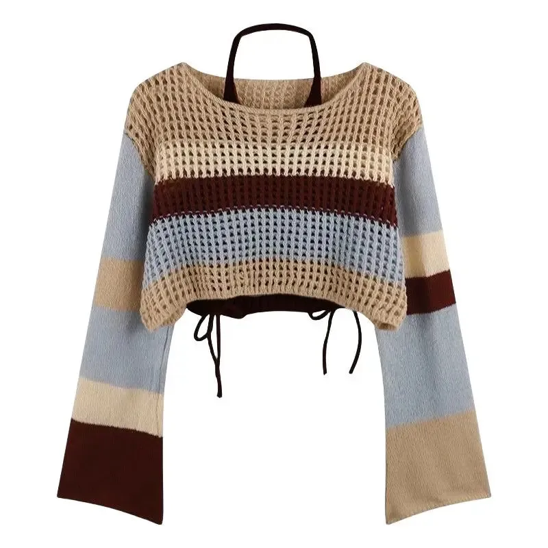 LVSANW 2025 Spring New Vintage Denim Skirt Matching Set Women's Elegant Loose Hollow Knitted Shirt Sexy Split Dress Two Piece Suit